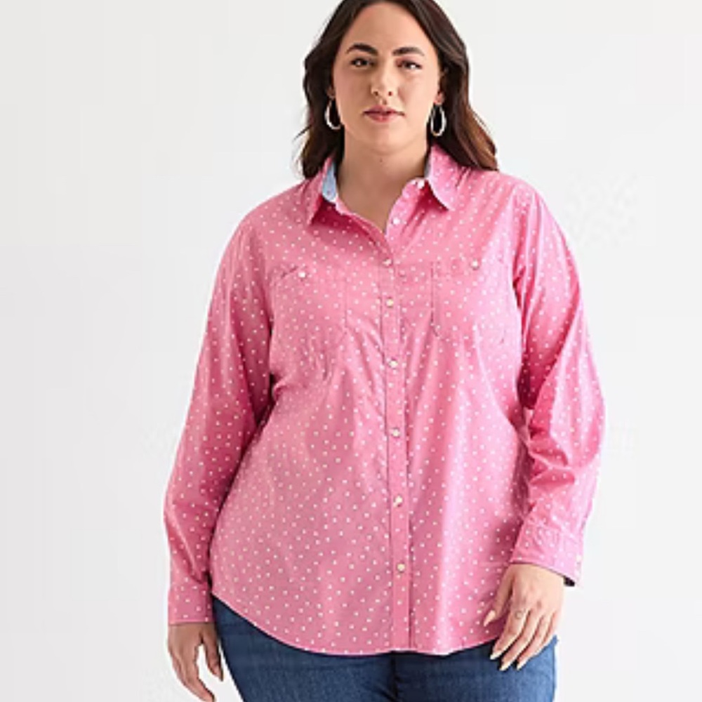 St. John's Bay Pink Polka Dot Button Down Shirt
